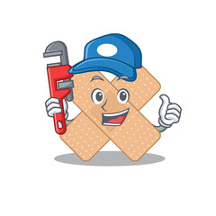 cartoon mascot design of cross bandage as a Plumber with tool