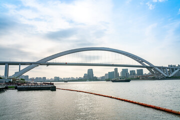 Panorama view of Lupu Bridge, on of the biggest bridge on Huangpu river, shot in Shanghai, China.