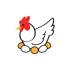 Cute hen sitting on nest with eggs. Simple vector line icon of poultry for nature organic food products and packaging elements. Farm chicken bird isolated on white background
