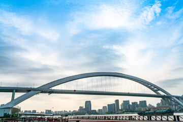 Panorama view of Lupu Bridge, on of the biggest bridge on Huangpu river, shot in Shanghai, China.
