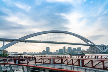 Panorama view of Lupu Bridge, on of the biggest bridge on Huangpu river, shot in Shanghai, China.