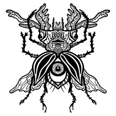 Obraz premium Vector illustration of an insect, bug, beetle with horns. Black white illustration isolated. Graphics, logo design, tattoo, coloring book, antistress.