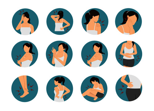 woman body pain illustration in circle frame set