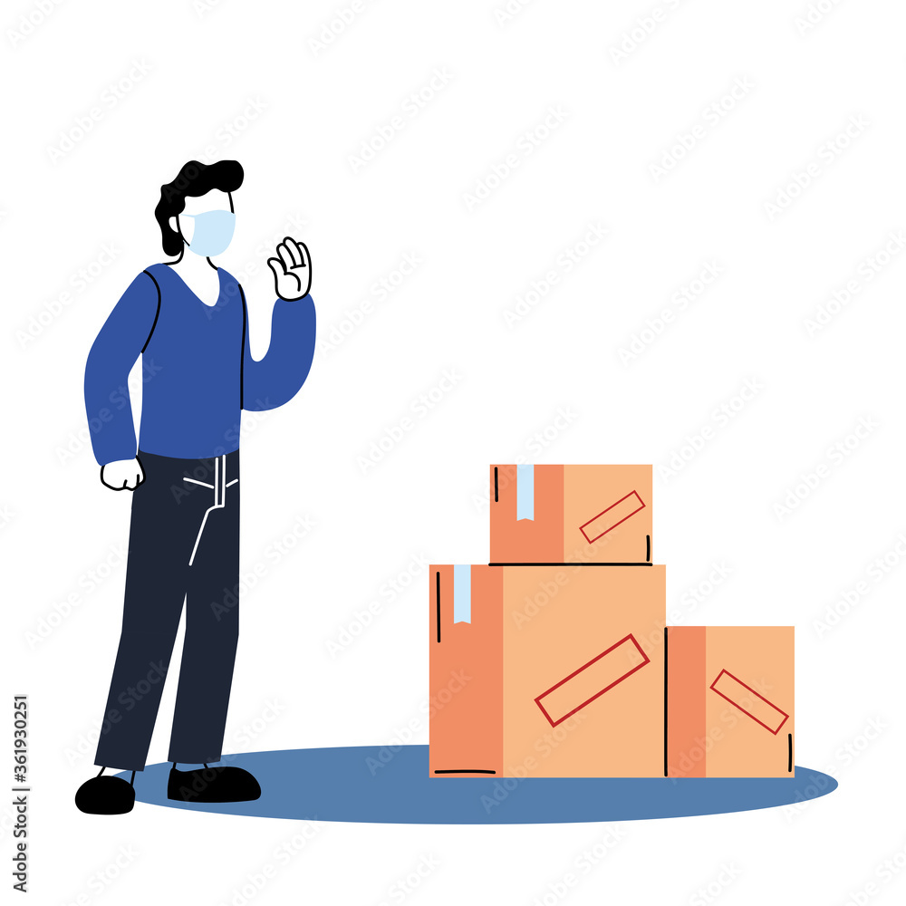 Poster client man with mask and boxes vector design