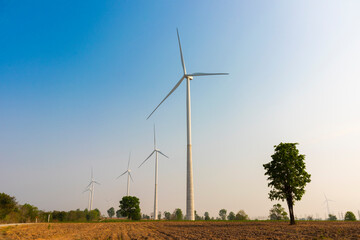 Wind turbines for electric power production. Green ecological power energy generation.