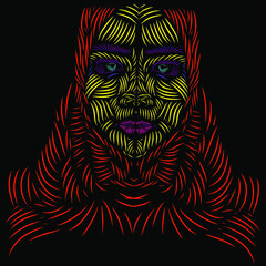 the moslem islamic arabic woman line pop art potrait logo colorful design with dark background. Isolated black background for t-shirt, poster, clothing, merch, apparel, badge design
