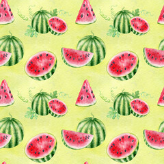 Watercolor watermelon seamless pattern, summer juicy fruits, fresh watermelon with slices, hand drawn summer illustration, yellow background