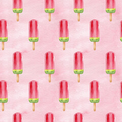 Watercolor watermelon seamless pattern, summer juicy ice-cream. Hand drawn food illustration, pink background 
