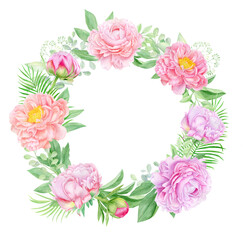 Watercolor peonies flowers frame, round floral wreath with pink peony flowers and green leaves. Botanical illustration, template for wedding invitation