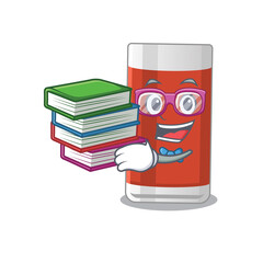 Glass of apple juice student mascot design read many books when study at home