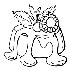 Italian dessert panna cotta. Line art. White background, isolate. Stock illustration.
