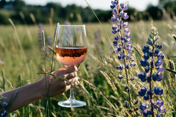 Glass of rose wine in female hand on field of wildflowers
