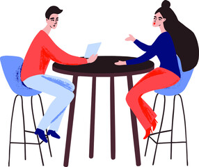 A guy and a girl chatting while sitting at a table in a cafe. Men and Women Friends Leisure and Dating. Cartoon flat vector illustration
