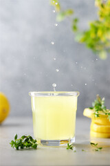 Glass of limoncello traditional Italian alcoholic drink decorated with thyme. Light gray background, close-up view