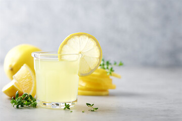 Glass of limoncello traditional Italian alcoholic drink decorated with thyme. Light gray...
