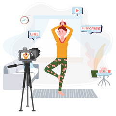 Video Blogger practice yoga. Streaming home workout. Vlogger have live sport activity in room. Woman records physical exercises indoor. Vector concept of Healthy lifestyle
