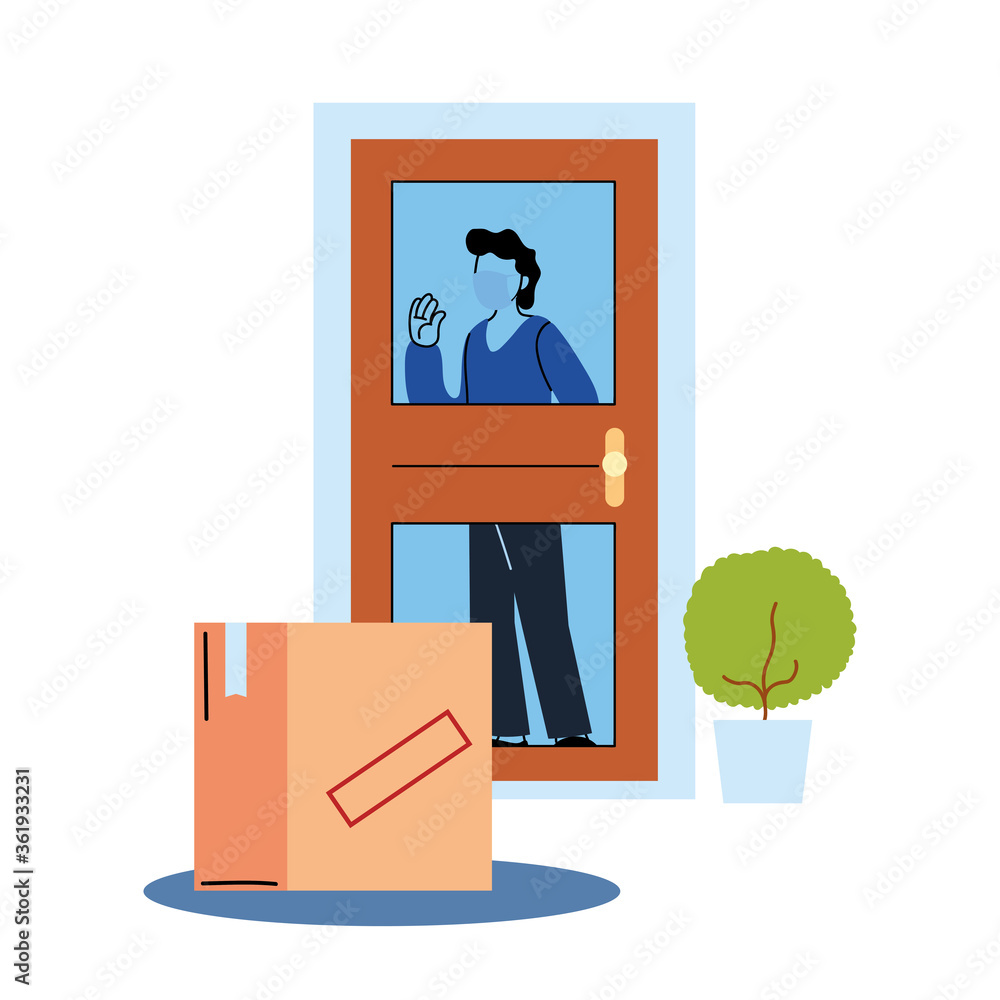 Poster client man with mask behind door and box vector design