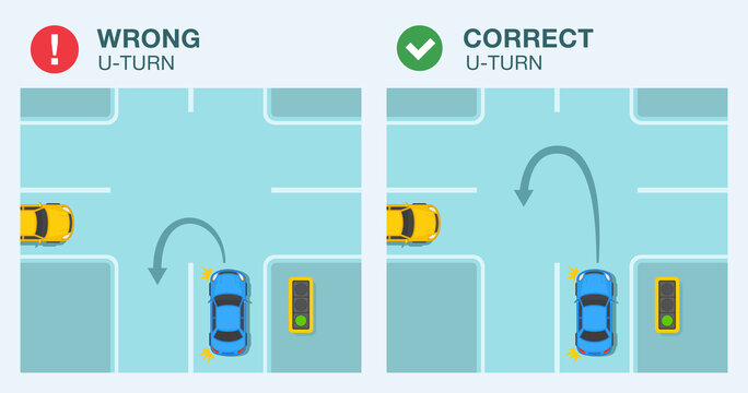 U-turn on croassroads rule infographic. Sedan car is about to turn on crossroad. Flat vector illustration. 