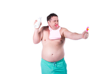 Baby pacifier and funny fat man.