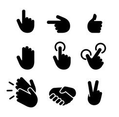 Hands icons set, touch screen gesture, handshake, finger points. Vector Illustration black and white.