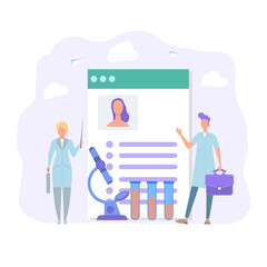 Workers hold biological markers. Clinical laboratory analysis. Medical examination. Urinalysis, blood test. Colorful vector illustration.