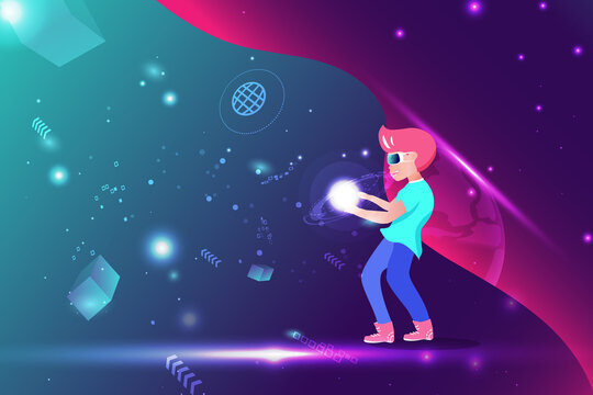 A boy with galaxy space digital technology with VR headset, virtual reality concept vector illustration