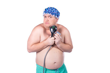 Funny fat man in the shower. 