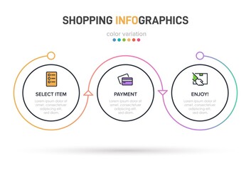 Concept of shopping process with 3 successive steps. Three colorful graphic elements. Timeline design for brochure, presentation, web site. Infographic design layout.