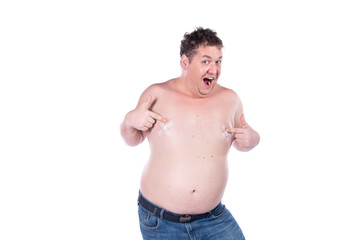 Striptease. Funny fat man. White background.