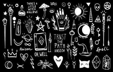 Magic doodle sketch. Witchcraft icons. Hand drawn line vector illustration. White chalk outline on black background. Cute fantasy wizard poison, book, mystic things. Mushroom, witch hat, magic wand.