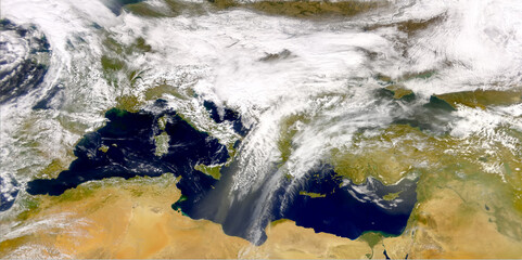 Satellite view of the Mediterranean sea and south of Europe. Italy, Spain,Portugal,Israel, Greece,...
