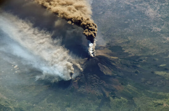 Aerial view of the volcano Mount Etna eruption in the island of Sicily.Elements of this image furnished by NASA.