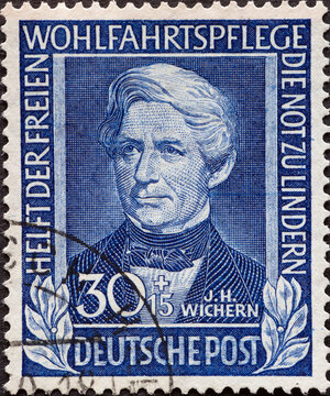 GERMANY - CIRCA 1949: a postage stamp printed in Germany showing an image of Johann Hinrich Wichern, circa 1949.