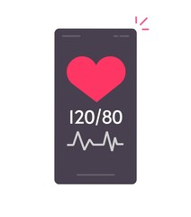 Healthcare heart check test mobile phone cellphone icon vector with heartbeat good blood pressure pulse cardiogram on smartphone isolated flat cartoon illustration, medical cardiology beat concept