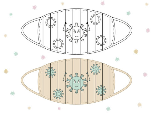 Sad cute coronavirus behind bars, black on white and coloured. Cool funny design for face mask, t-shirts and more. Vector. The main illustration is cropped using a clipping mask in form of face mask. © i-am-helen