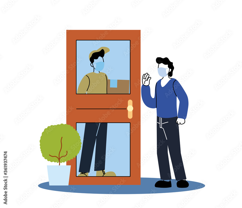 Poster client and delivery man with mask and box behind door vector design