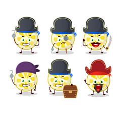 Cartoon character of lemon slice with various pirates emoticons