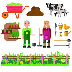 Gardening and harvesting. Happy man and woman gardening cart with cabbage, cow, dung, rural landscape fence with flowers, garden work tools isolated. Set of flat vector illustrations.
