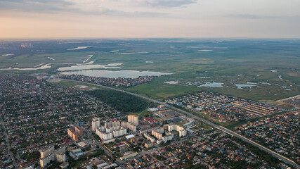 Aerial view of suburban houses in big city