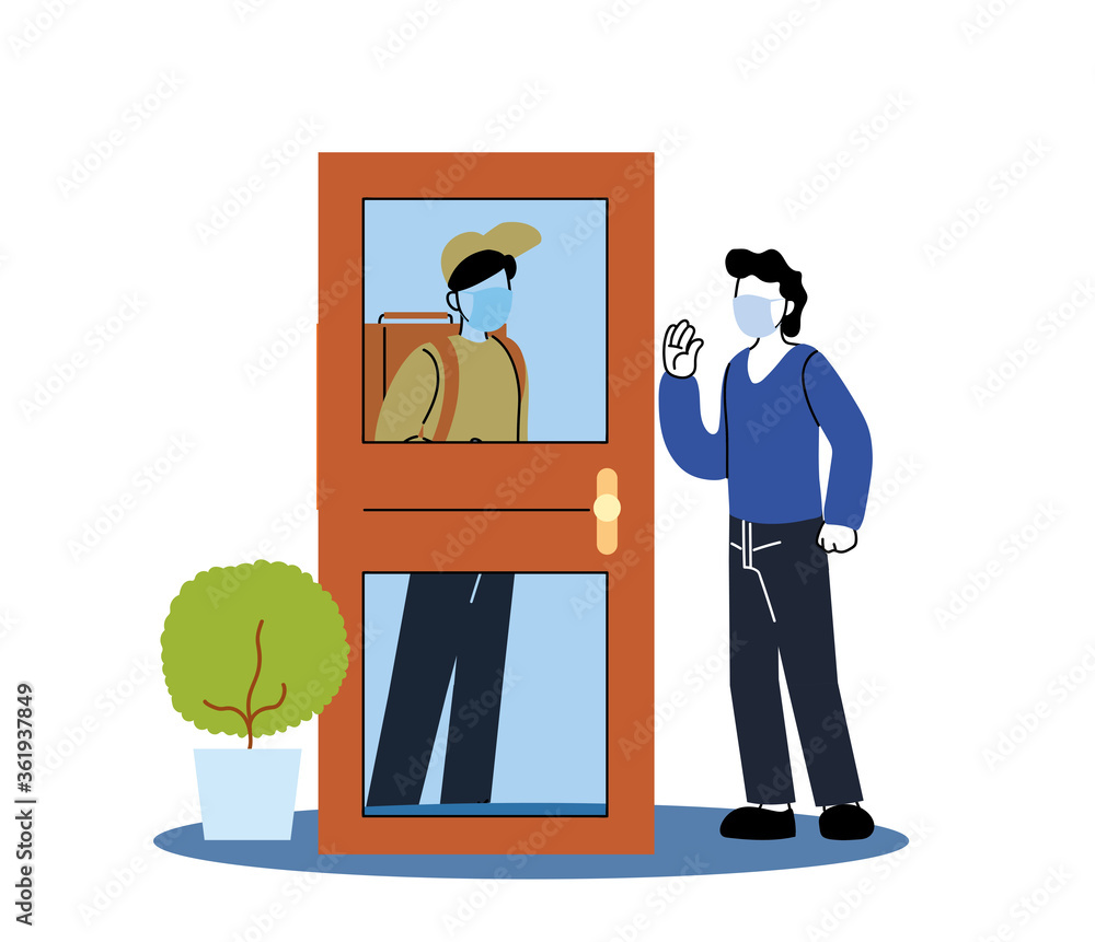 Aufkleber client and delivery man with mask and box behind door vector design