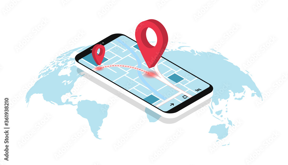 Poster gps navigation. smartphone with map, route and pointers. geolocation. map world.