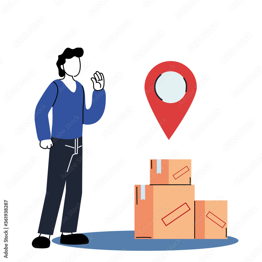 Poster client man with boxes and gps mark vector design