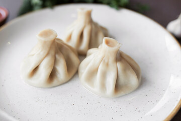 Georgian Khinkali on a white plate. Closeup. view from above. National cuisine