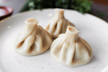 Georgian Khinkali on a white plate. Closeup. view from above. National cuisine