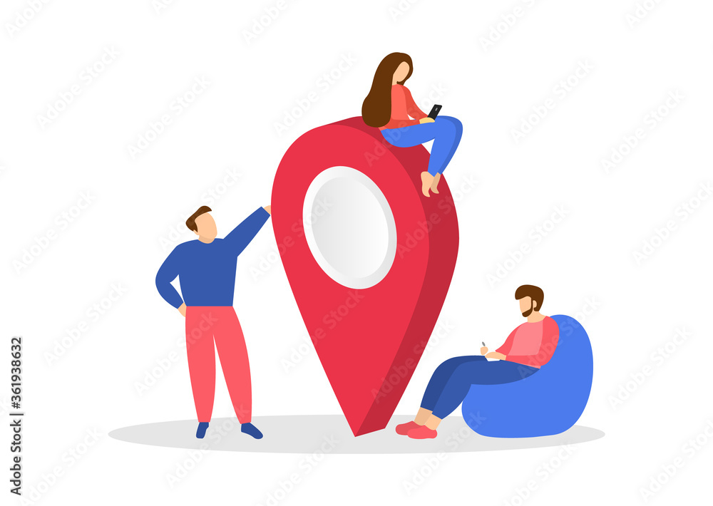Poster gps navigation, location. big pointer. concept with characters. vector cartoon style.