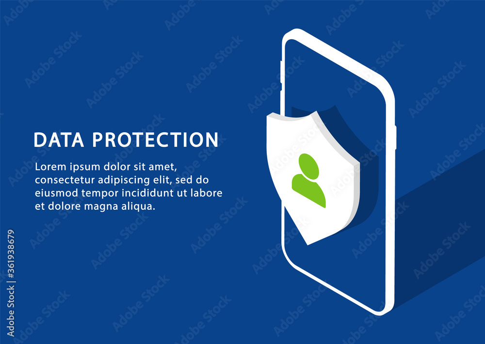 Poster mobile data protection. privacy protection in isometry. modern web pages for web sites.