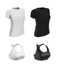Top and T-shirt in black and white. Clothing for sports. 3D realistic template, mock up for print, design, logo, image. 3d realistic illustration.
