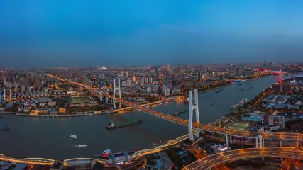 Cercles muraux Pont de Nanpu Aerial shot of Nanpu bridge in Shanghai, shot at sunset, in China.