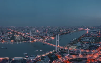 Photo sur Plexiglas Pont de Nanpu Aerial shot of Nanpu bridge in Shanghai, shot at sunset, in China.