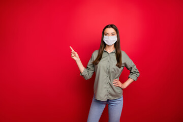 Portrait of her she nice healthy girl wearing safety mask showing copy space china wuhan stop mers...
